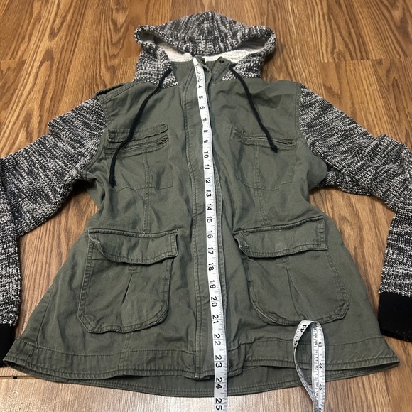 Mudd Womens Utility Jacket Olive Green Hoodie Knit Sleeve Cargo Pockets XL‎ - Picture 3 of 5